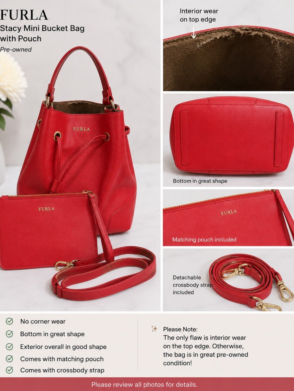 Furla Stacy Mini Bucket Bag Red Leather w/ Pouch & Crossbody Strap